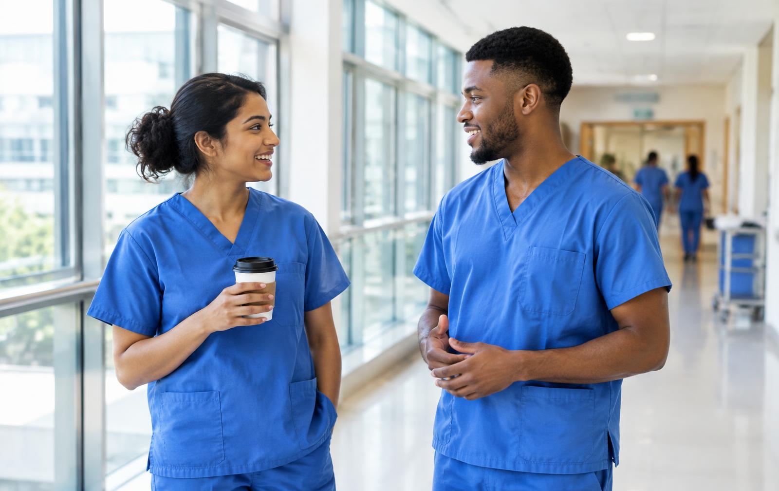 Surgical trainees speaking in a hospital